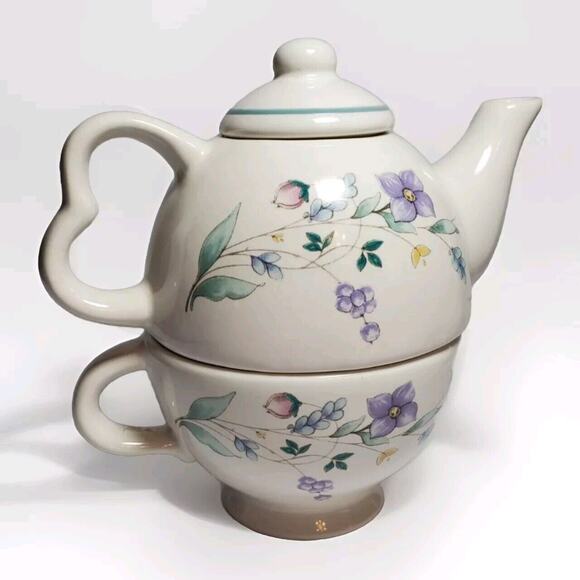 Vintage Pfaltzgraff April Floral Stoneware Nesting Stackable Tea Pot & Mug Set - Picture 1 of 12